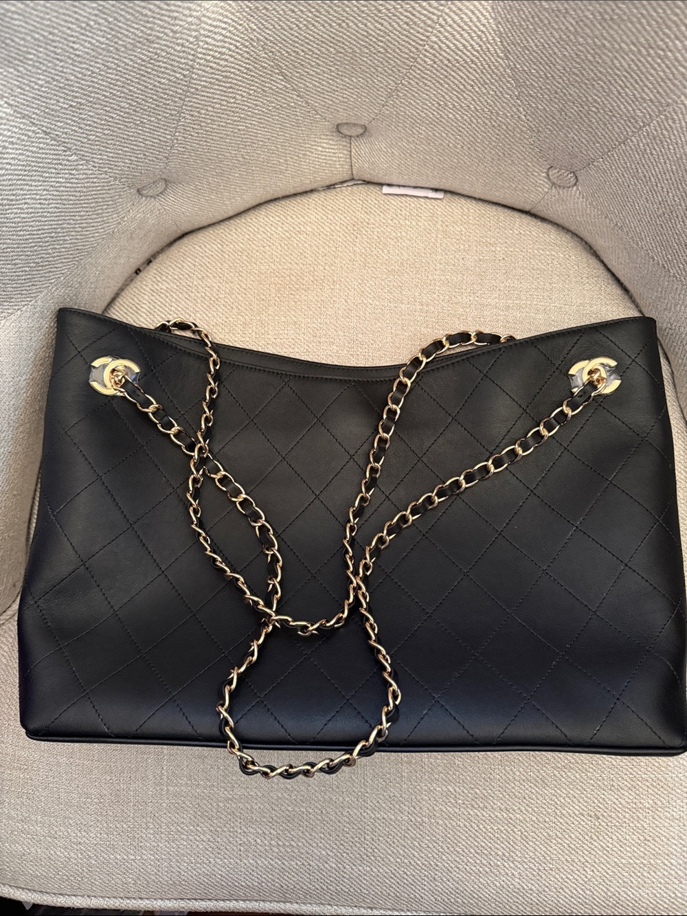 Black Quilted Shoulder Bag with Gold Chain Straps